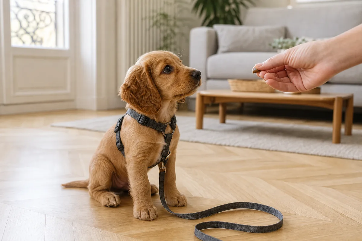 Chien de taille moyenne tirant fortement sur sa laisse pendant une promenade urbaine