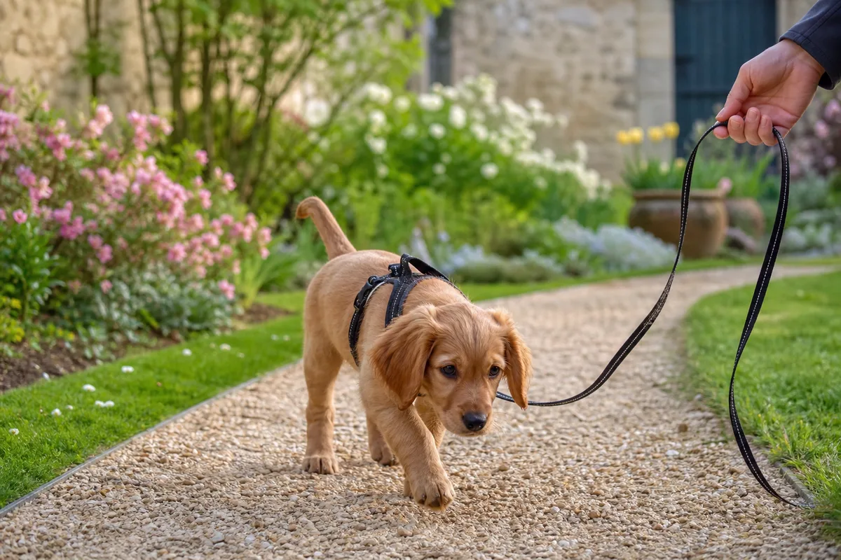 Harnais à attache ventrale ajusté sur le poitrail d’un chien en extérieur