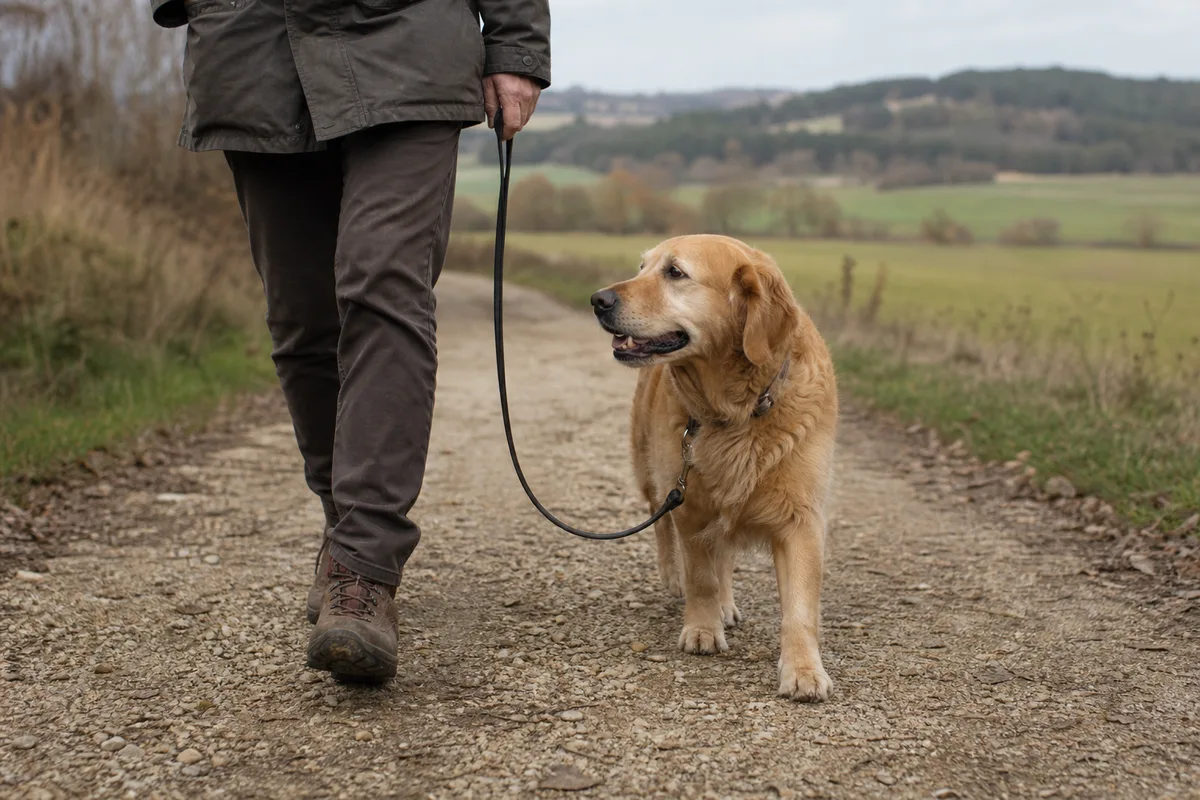 Chien marchant calmement à hauteur de la jambe de son maître sur un chemin de campagne