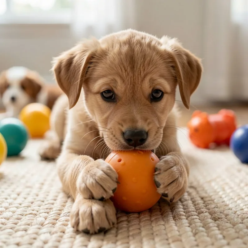 Chiot mordillant un jouet à mâcher sur un tapis