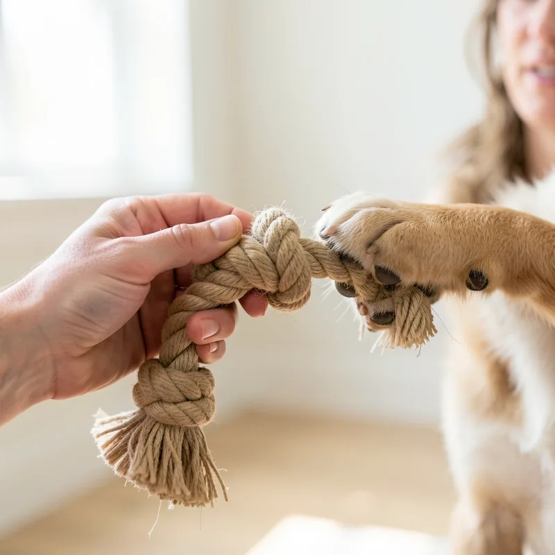 Main détendue tenant un jouet en corde qu&rsquo;un chiot attrape