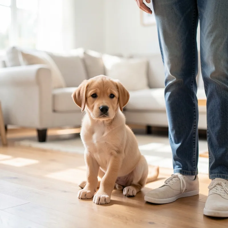 Chiot assis calmement au pied de son maître dans un salon lumineux