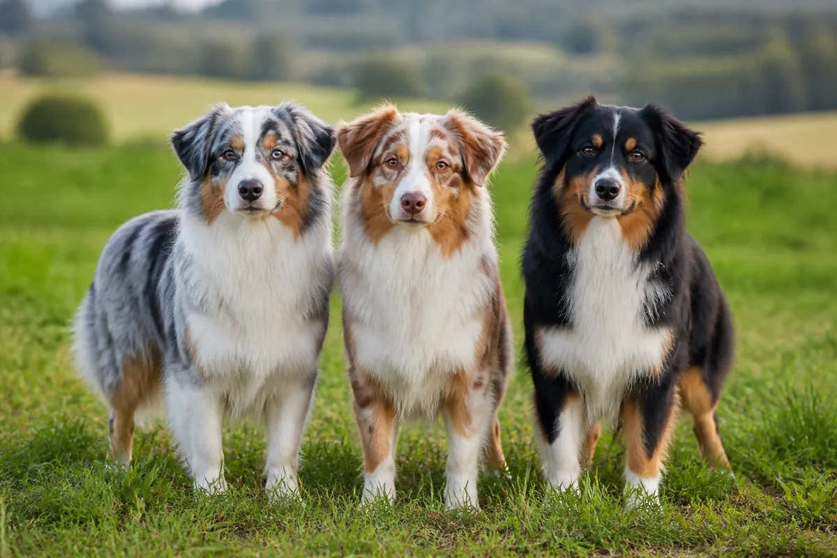 Trois bergers australiens de robes differentes cote a cote dans une prairie