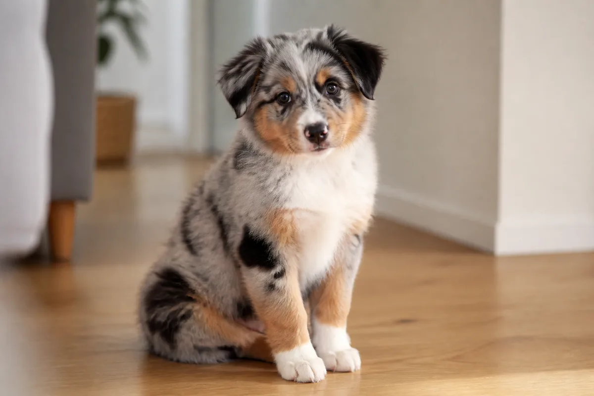 Chiot de berger australien au pelage marbre assis sur un parquet clair